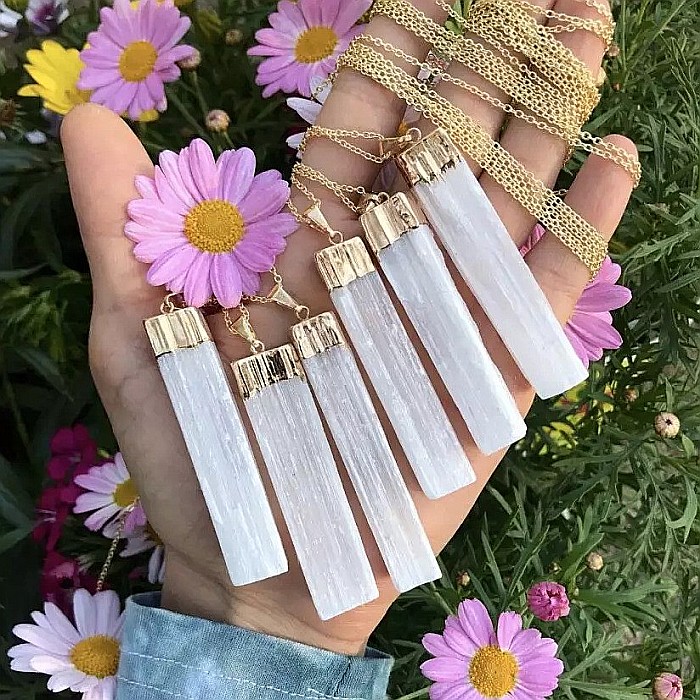 Colier cu pandantiv din cristal de Selenit, piatra semipretioasa bruta, Sunee, placat cu aur de 18K [2]