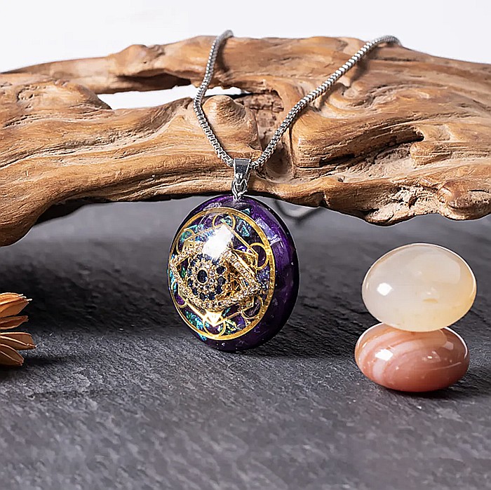 Colier cu pandantiv orgonit cu geometrie sacra Cubul lui Metatron si Ochi din Cupru cu pietre energetice Ametist [2]