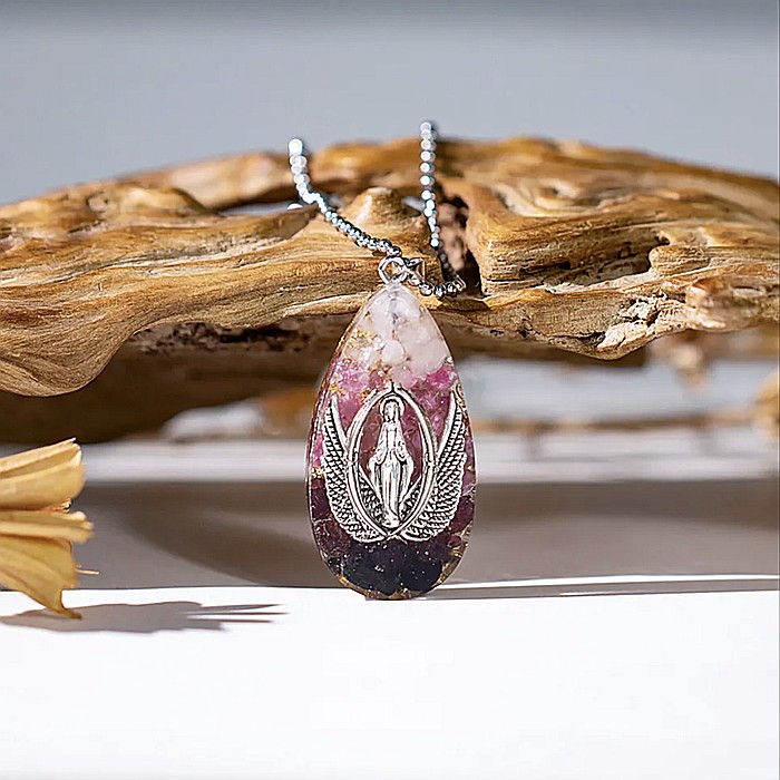Colier cu pandantiv orgonit Maica Domnului si aripi de inger cu cristale de Turmalina Roz, Granat si cuart Roz pentru femei [2]