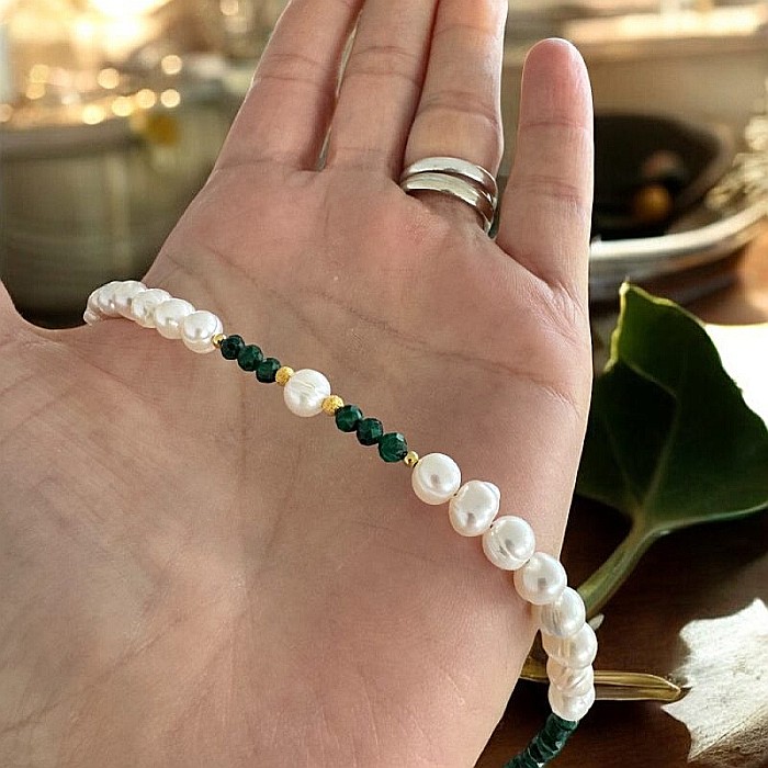 Colier din Perle de Cultura si Malachit natural Etienne cu inchidere din argint placat cu aur [6]