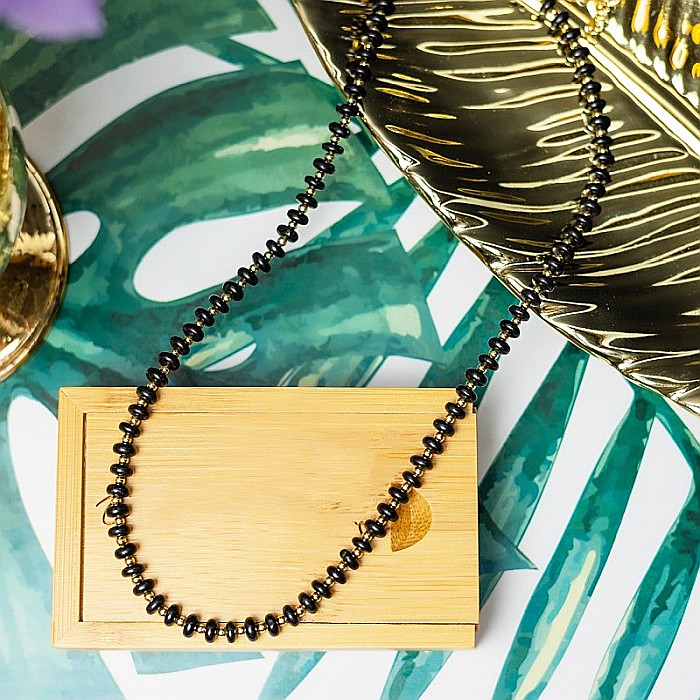 Colier din pietre semipretioase Agat Negru, Chocker Kamia cu inchizatoare din cupru, placat cu aur de 18K [3]