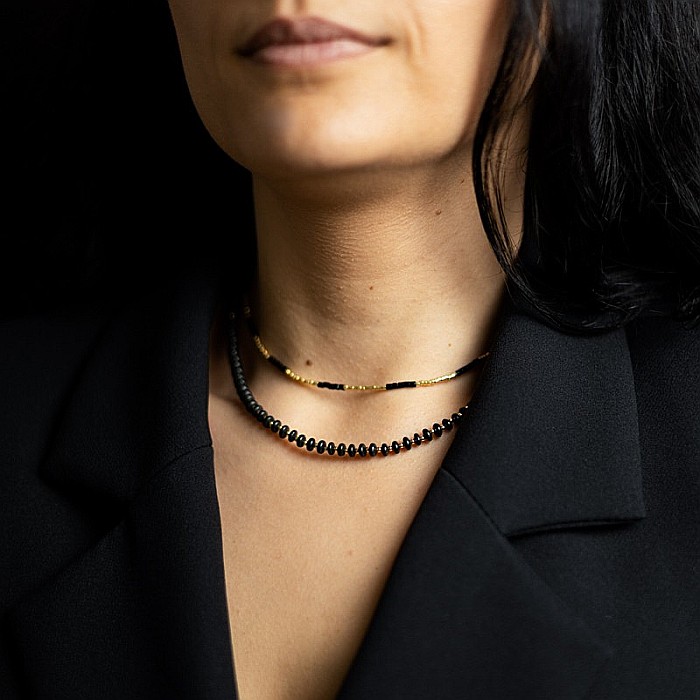 Colier din pietre semipretioase Agat Negru, Chocker Kamia cu inchizatoare din cupru, placat cu aur de 18K [12]