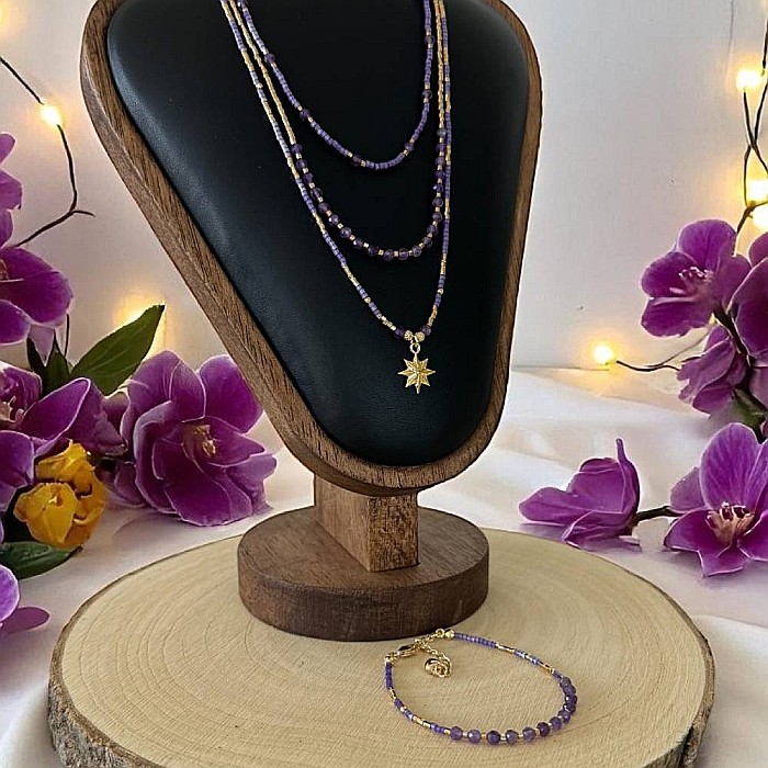 Colier elegant 3 straturi Safyia din Ametist cu Miyuki mov si argint placat cu aur [9]