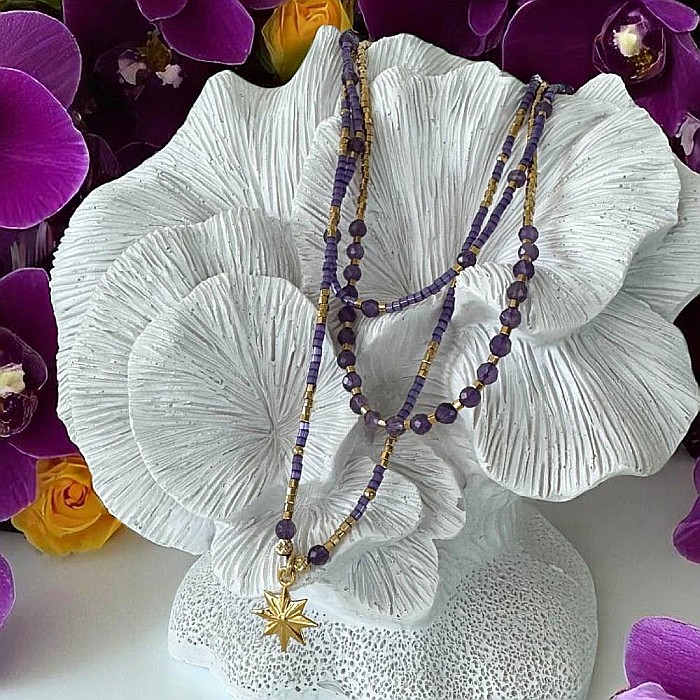 Colier elegant 3 straturi Safyia din Ametist cu Miyuki mov si argint placat cu aur [7]