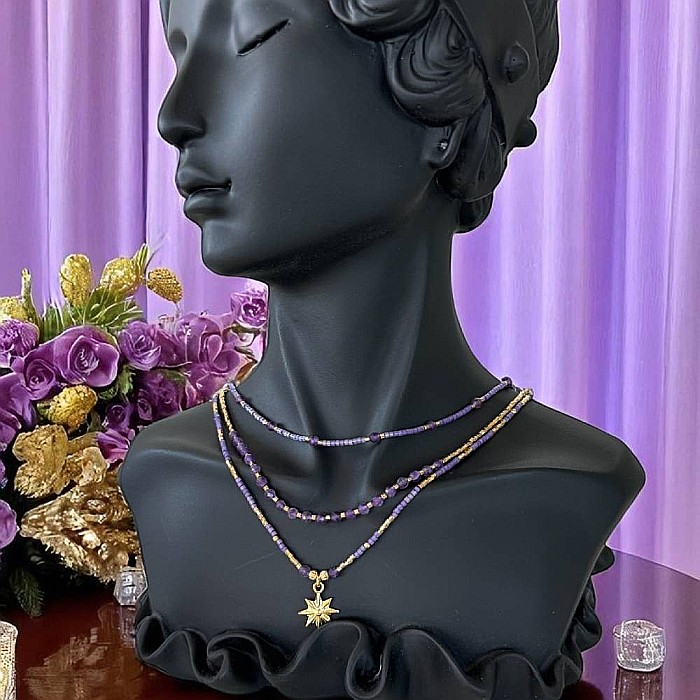 Colier elegant 3 straturi Safyia din Ametist cu Miyuki mov si argint placat cu aur [1]