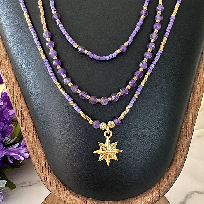 Colier elegant 3 straturi Safyia din Ametist cu Miyuki mov si argint placat cu aur [4]