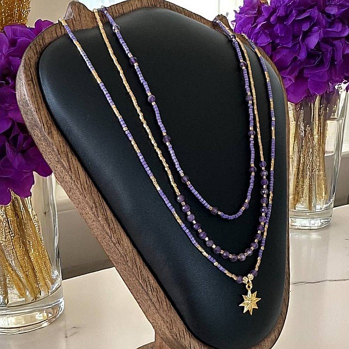 Colier elegant 3 straturi Safyia din Ametist cu Miyuki mov si argint placat cu aur [3]