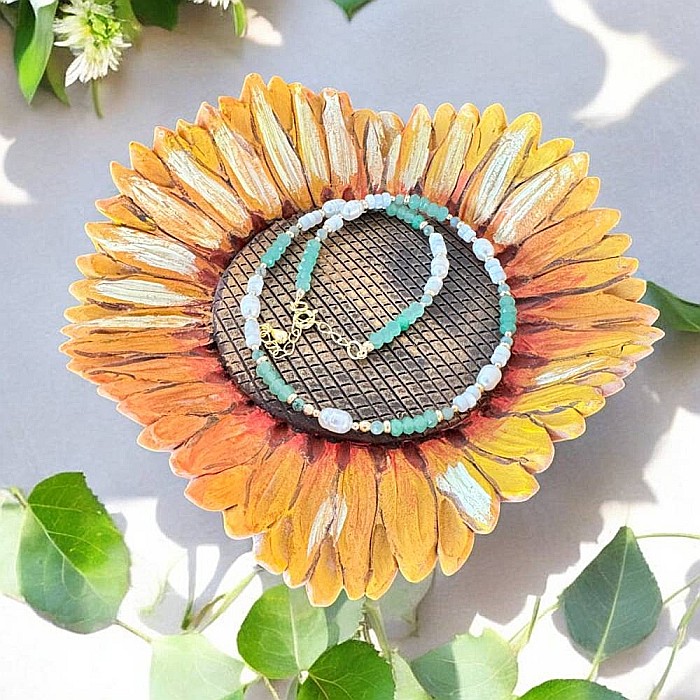 Colier elegant choker Lana din Jad verde si perle cu accesorii din argint placat cu aur [5]