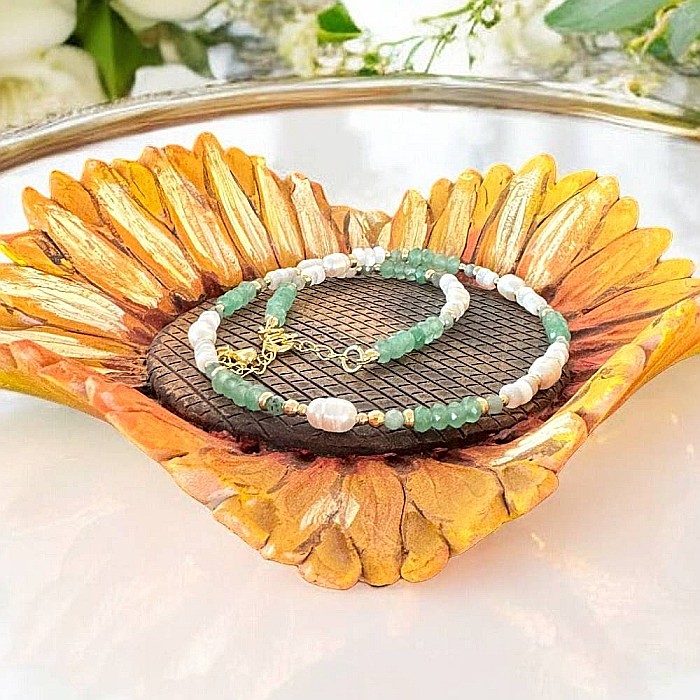 Colier elegant choker Lana din Jad verde si perle cu accesorii din argint placat cu aur [4]