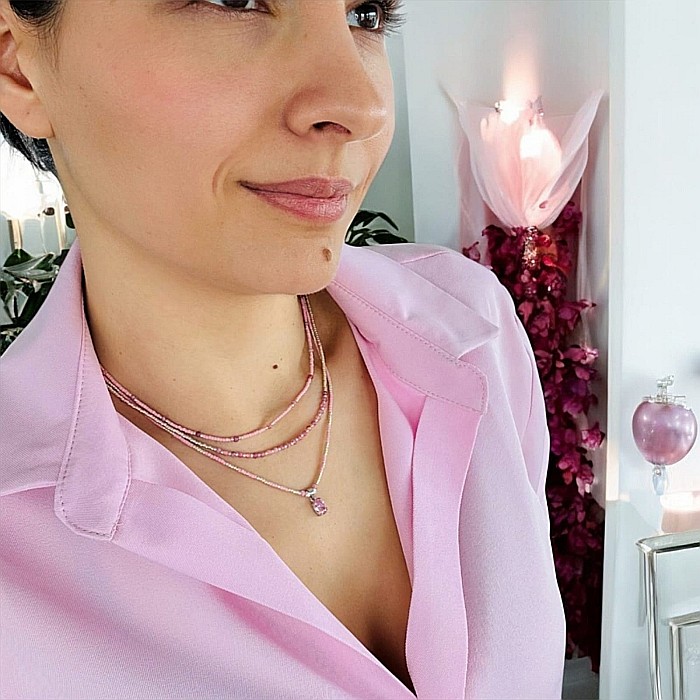 Colier handmade in 3 straturi roz Aziza cu Miyuki, turmalina si argint [2]