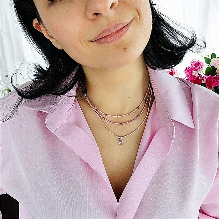 Colier handmade in 3 straturi roz Aziza cu Miyuki, turmalina si argint [8]