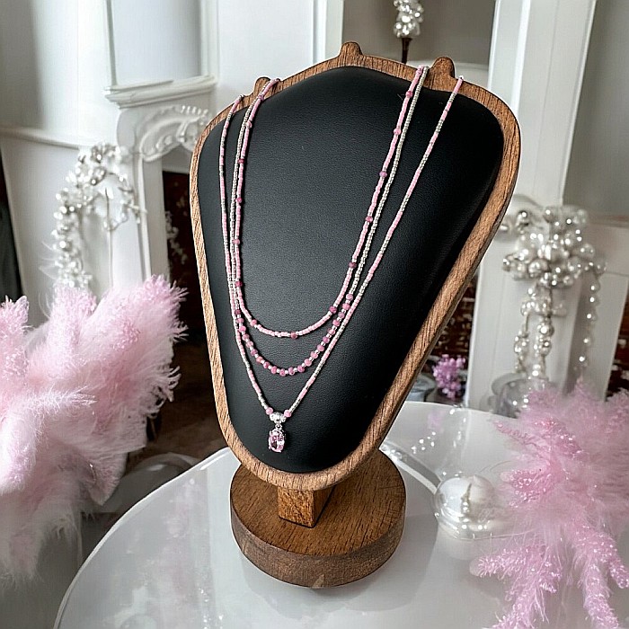 Colier handmade in 3 straturi roz Aziza cu Miyuki, turmalina si argint [4]