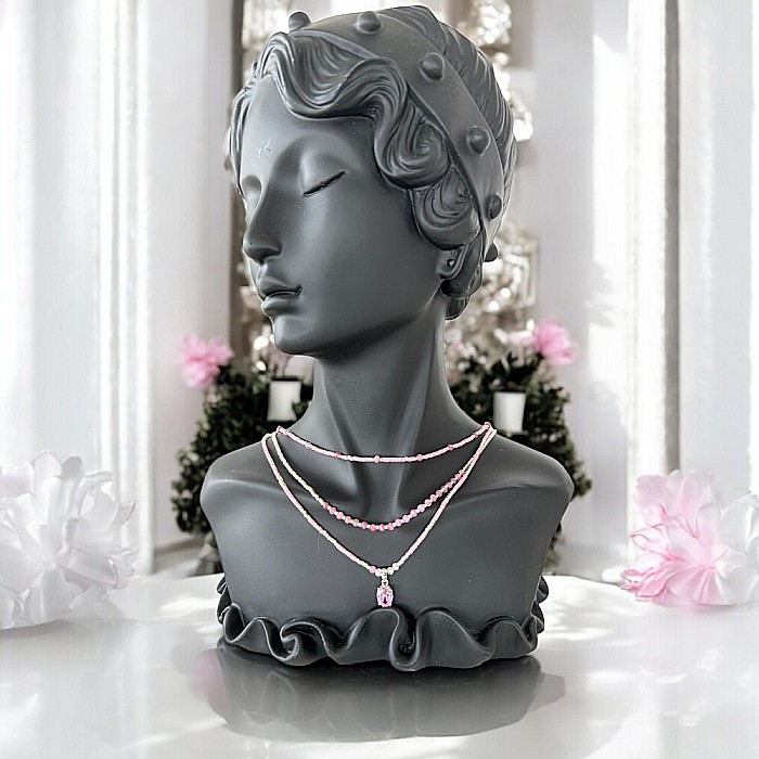 Colier handmade in 3 straturi roz Aziza cu Miyuki, turmalina si argint [7]