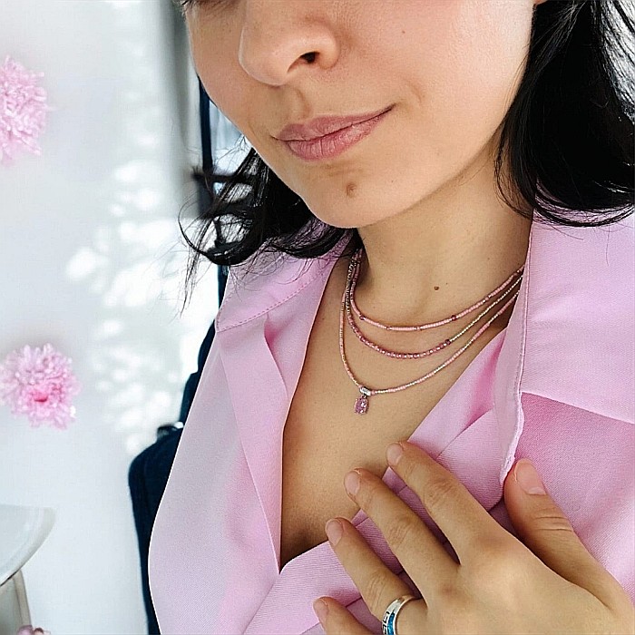 Colier handmade in 3 straturi roz Aziza cu Miyuki, turmalina si argint [3]