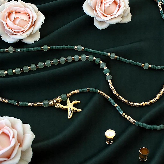 Colier handmade in 3 straturi verde Safyia cu Miyuki, Jad Verde si argint [9]