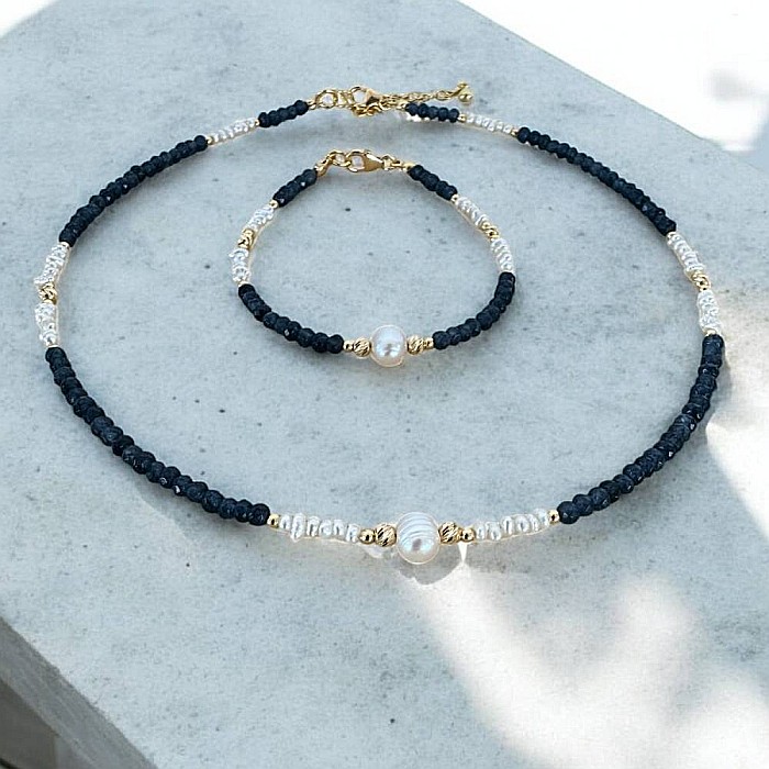 Colier handmade Indira din safir si perle naturale cu argint placat cu aur [8]