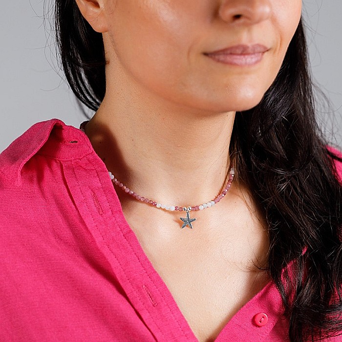 Colier Harini din cristale de Turmalina Roz si Morganit cu charm Steluta de Mare, din argint 925 [4]