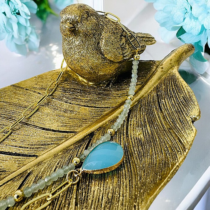 Colier lariat cu piatra naturala calcedonie albastra in forma de lacrima placat cu aur [7]