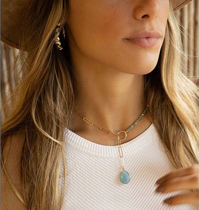 Colier lariat cu piatra naturala calcedonie albastra in forma de lacrima placat cu aur [2]