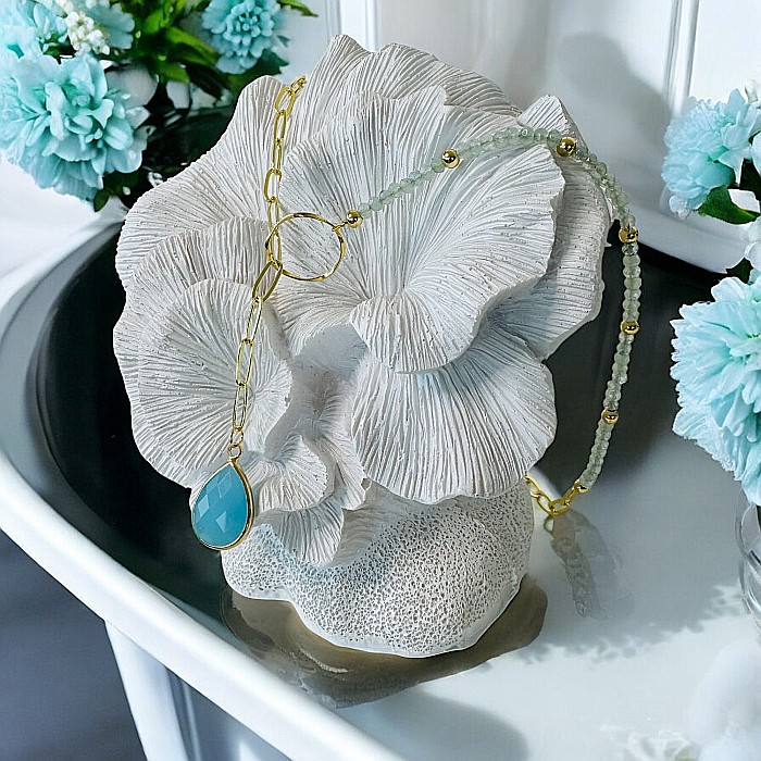 Colier lariat cu piatra naturala calcedonie albastra in forma de lacrima placat cu aur [5]