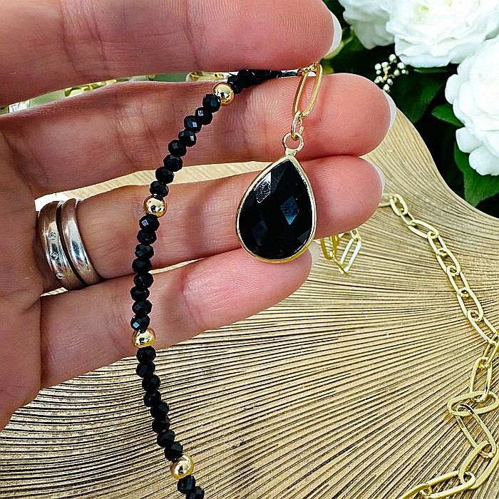 Colier lariat cu piatra naturala onix negru in forma de lacrima placat cu aur [8]