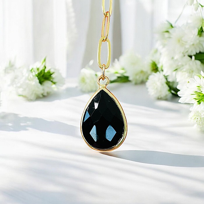 Colier lariat cu piatra naturala onix negru in forma de lacrima placat cu aur [5]