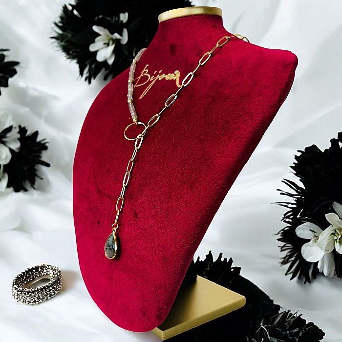 Colier lariat Kira cu piatra naturala labradorit in forma de lacrima placat cu aur [2]