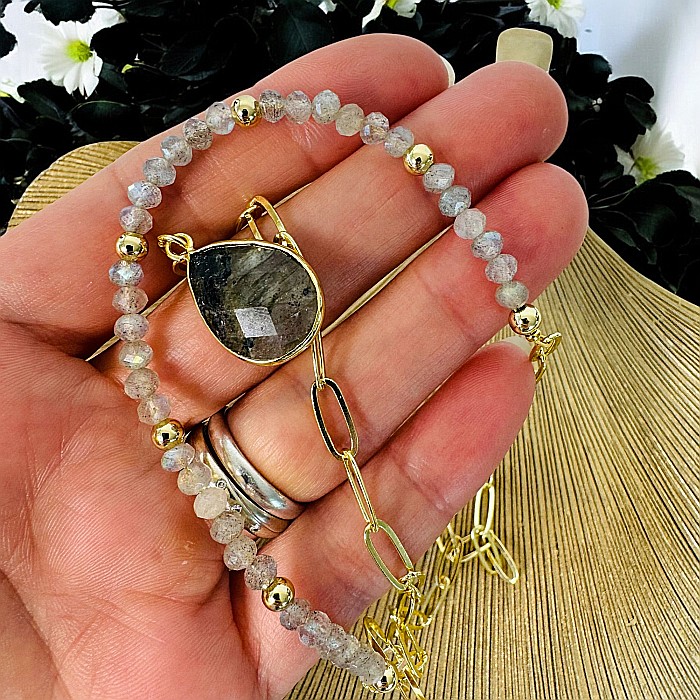 Colier lariat Kira cu piatra naturala labradorit in forma de lacrima placat cu aur [3]