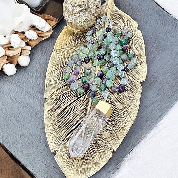 Colier Mala 108 margele din cristale de Fluorit si Cuart cu Varf de Cristal de Stanca [7]