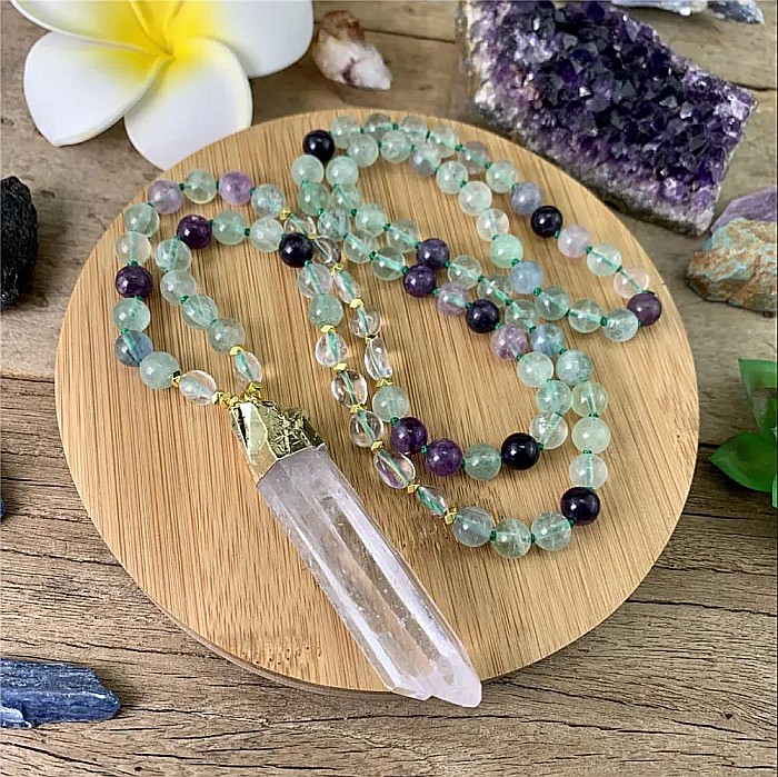 Colier Mala 108 margele din cristale de Fluorit si Cuart cu Varf de Cristal de Stanca [3]
