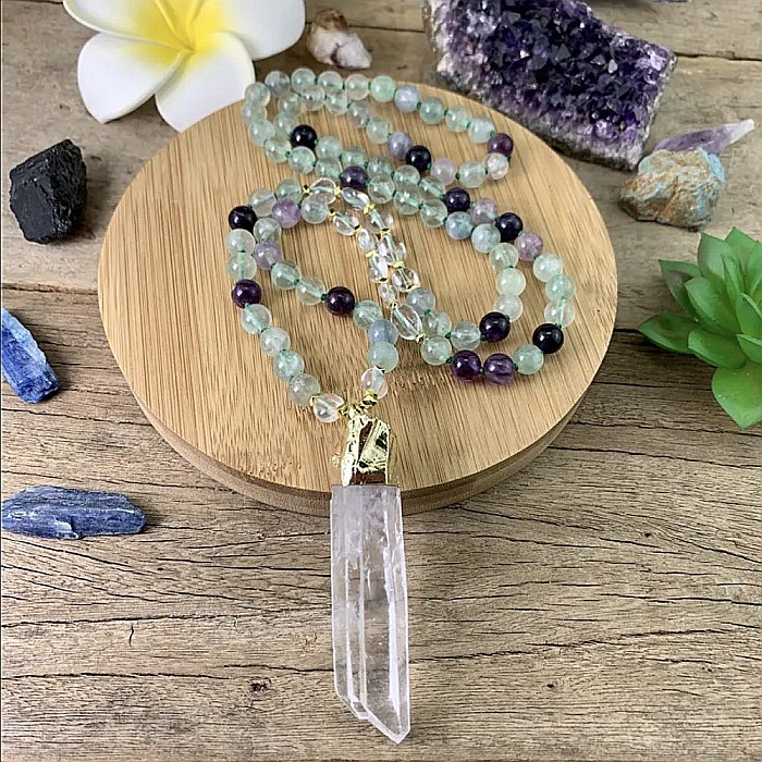 Colier Mala 108 margele din cristale de Fluorit si Cuart cu Varf de Cristal de Stanca [6]