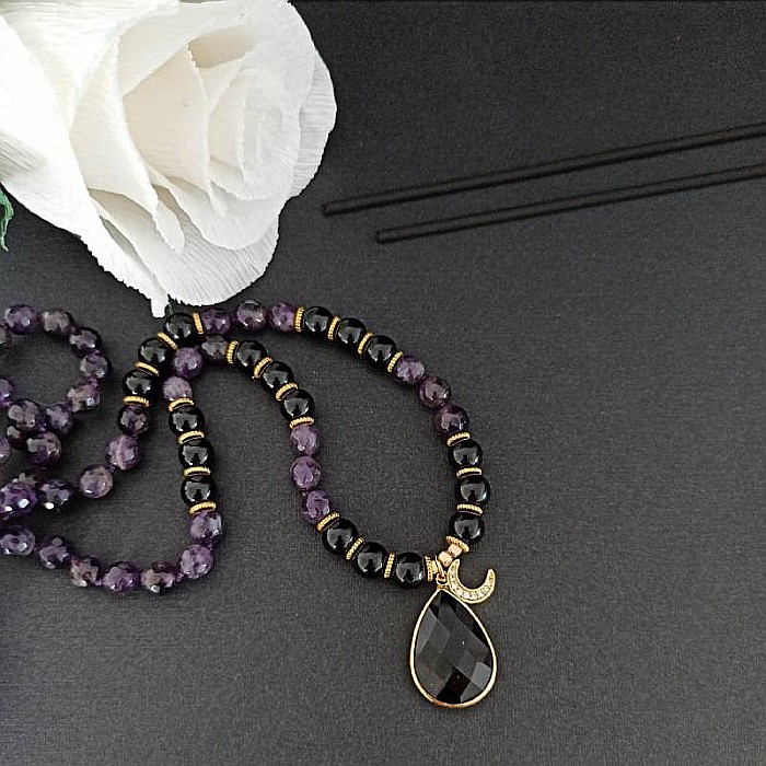 Colier Mantra Mala Kiaan, cu 108 margele Mala, pietre semipretioase de Ametist si Onix [8]