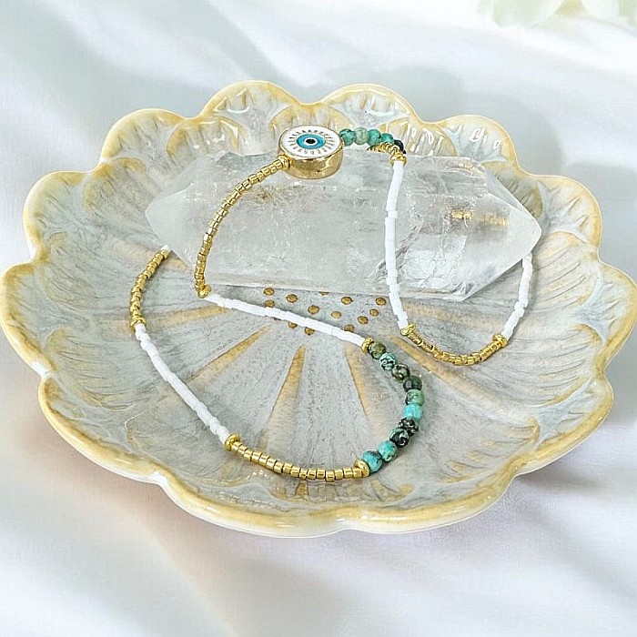Colier margele Miyuki si Turcoaz African Enlai, cu Evil Eye, placat cu aur [6]