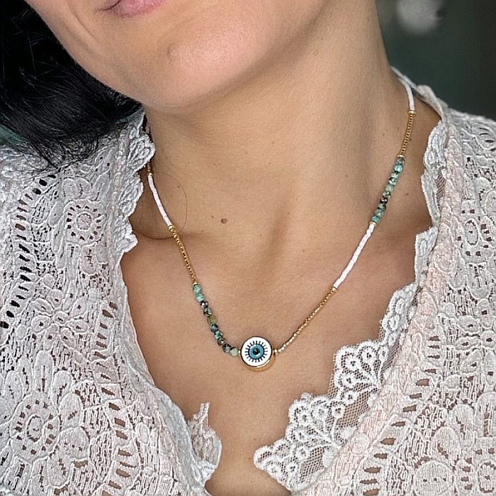 Colier margele Miyuki si Turcoaz African Enlai, cu Evil Eye, placat cu aur [1]