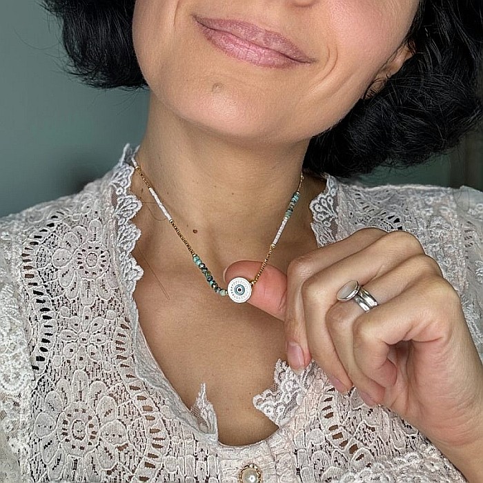 Colier margele Miyuki si Turcoaz African Enlai, cu Evil Eye, placat cu aur [5]