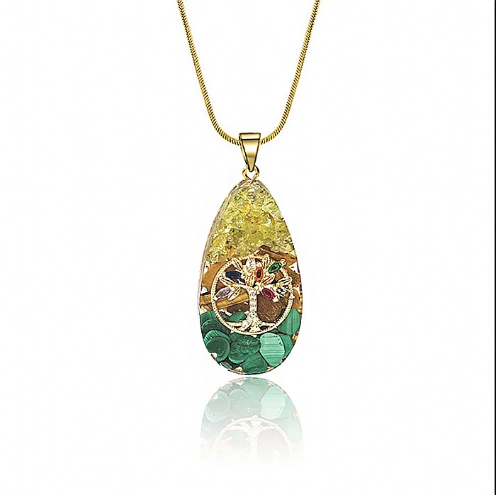 Colier orgonit cu pandantiv Arborele Vietii pentru meditatie, Reiki, Yoga din cristale de peridot, ochi de tigru si malachit [3]