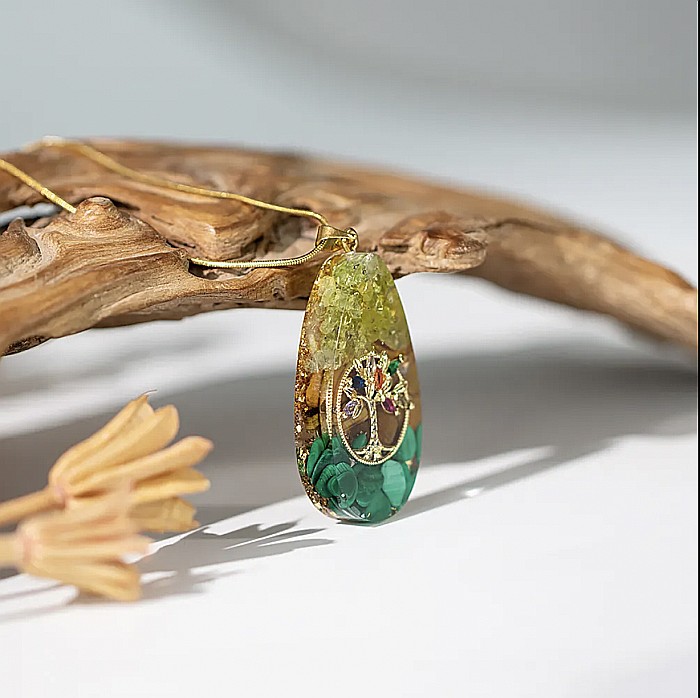 Colier orgonit cu pandantiv Arborele Vietii pentru meditatie, Reiki, Yoga din cristale de peridot, ochi de tigru si malachit [4]