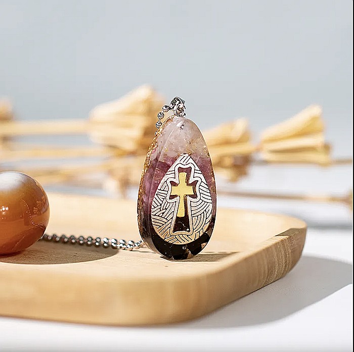 Colier Pandantiv Orgonic pentru energie pozitivă si protectie din cristale de Turmalina, Cuart Roz si Obsidian cu simbol Cruce [1]