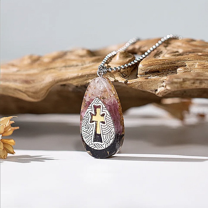 Colier Pandantiv Orgonic pentru energie pozitivă si protectie din cristale de Turmalina, Cuart Roz si Obsidian cu simbol Cruce [2]