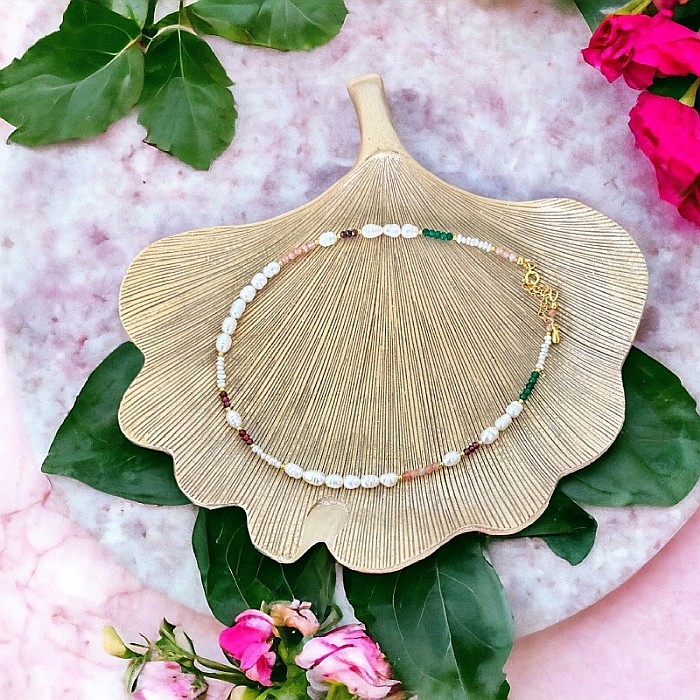 Colier perle elegant Nora cu Jad verde, Piatra Soarelui si Granat din argint 925 placat cu aur. [4]