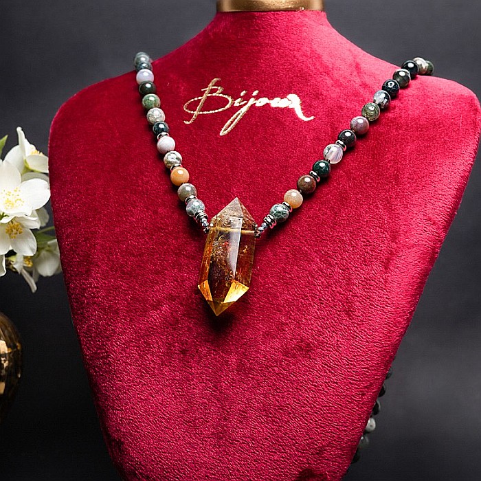 Colier pietre semipretioase Agat Indian, Alisha, cu cristal de Citrin varf dublu [10]