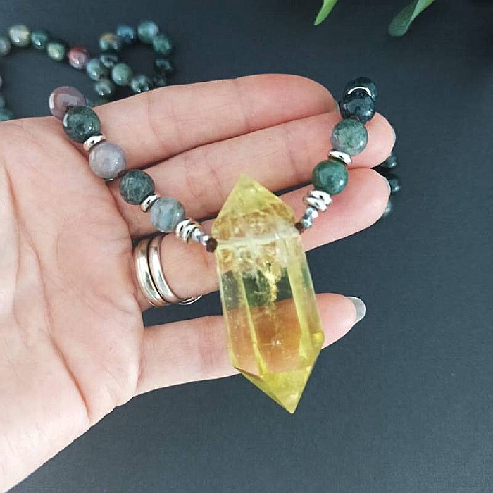 Colier pietre semipretioase Agat Indian, Alisha, cu cristal de Citrin varf dublu [7]