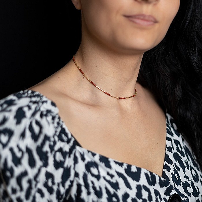 Colier pietre semipretioase Jasp Rosu, choker pietre naturale elegant Vania, Sunstone Miyuki Seed, placat cu aur 18 K [3]