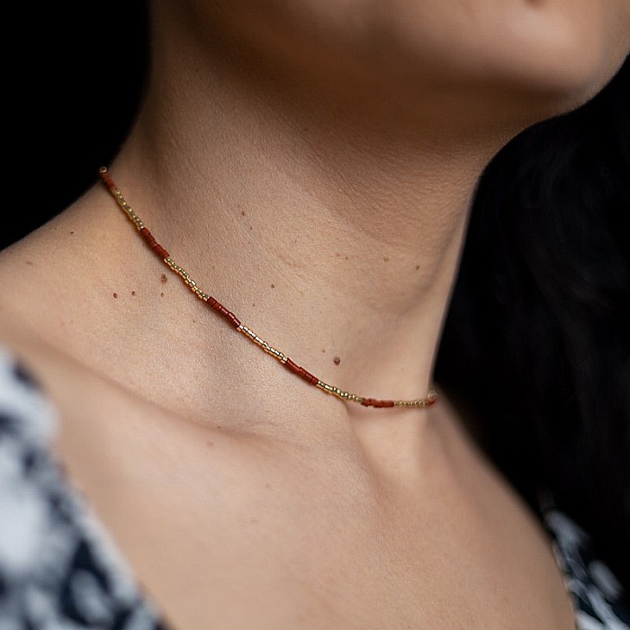 Colier pietre semipretioase Jasp Rosu, choker pietre naturale elegant Vania, Sunstone Miyuki Seed, placat cu aur 18 K [1]