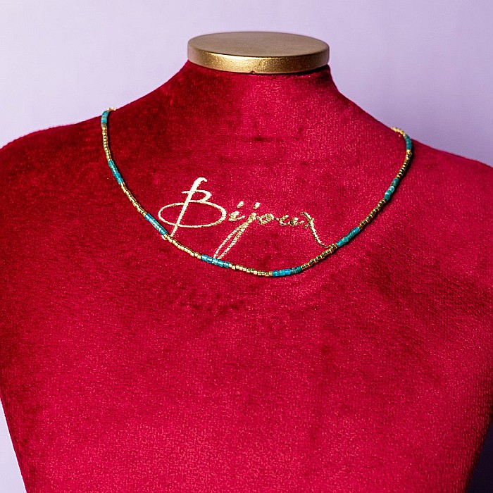 Colier pietre semipretioase Kyanit, choker pietre naturale placat cu aur 18 K, elegant Vania cu Sunstone Miyuki Seed [7]