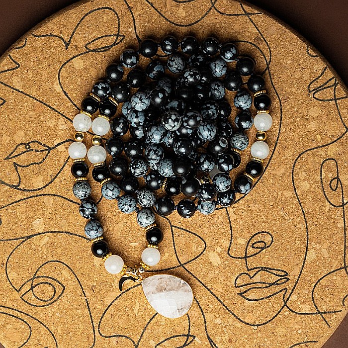 Colier pietre semipretioase Mala cu 108 margele, Zoya, din Turmalina si Obsidian cu Pandantiv Piatra Lunii [7]