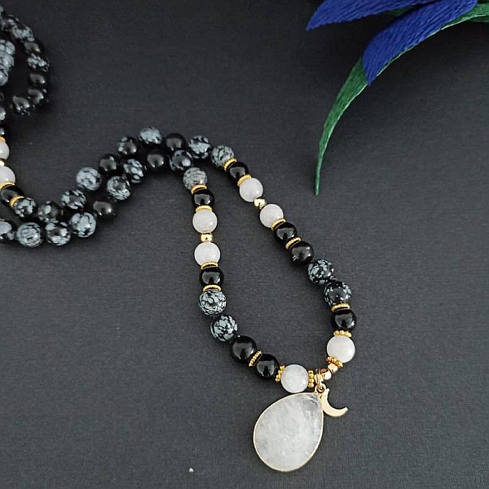 Colier pietre semipretioase Mala cu 108 margele, Zoya, din Turmalina si Obsidian cu Pandantiv Piatra Lunii [10]