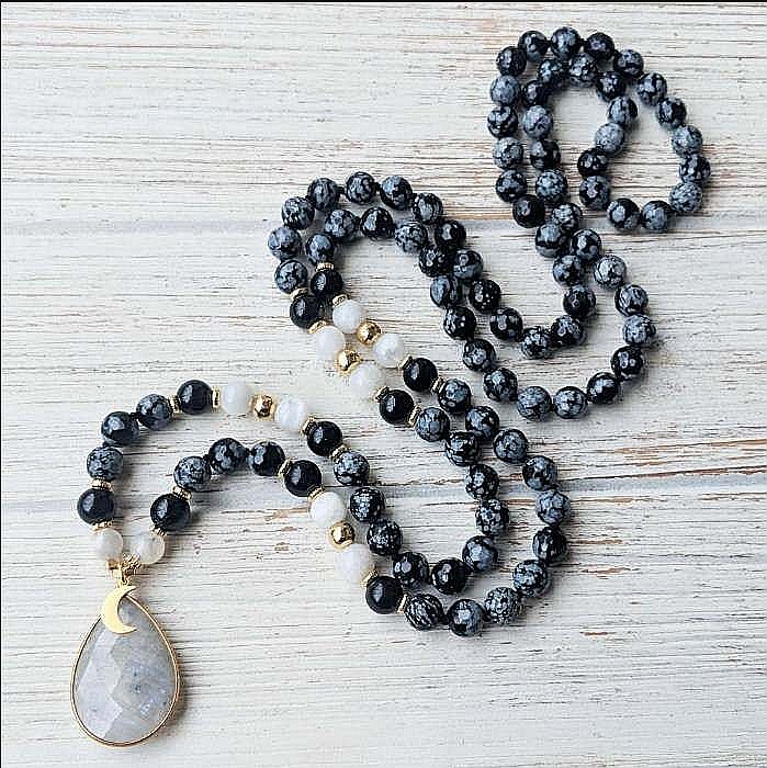 Colier pietre semipretioase Mala cu 108 margele, Zoya, din Turmalina si Obsidian cu Pandantiv Piatra Lunii [8]