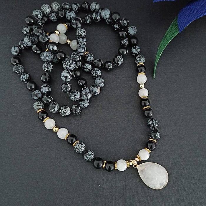 Colier pietre semipretioase Mala cu 108 margele, Zoya, din Turmalina si Obsidian cu Pandantiv Piatra Lunii [12]
