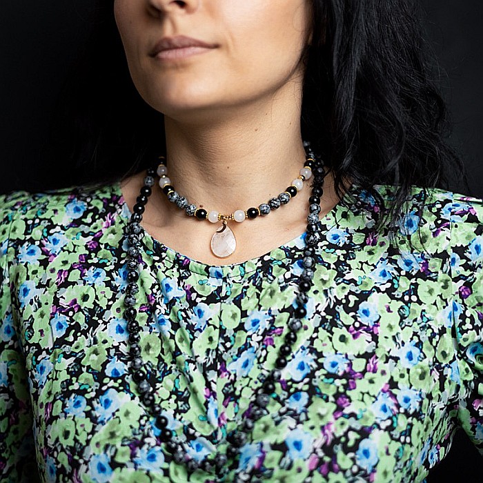 Colier pietre semipretioase Mala cu 108 margele, Zoya, din Turmalina si Obsidian cu Pandantiv Piatra Lunii [6]